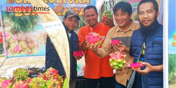 Nanang Kurniawan menggunakan topi bersama pengunjung memperlihatkan Buah Naga, Sabtu (22/10/2022) di Stand UMKM PLBN Aruk.