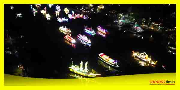 Semarak kapal hias yang memeriahkan Muare Ulakan Night Festival, Minggu (5/2/2023) malam di Sungai Sambas.