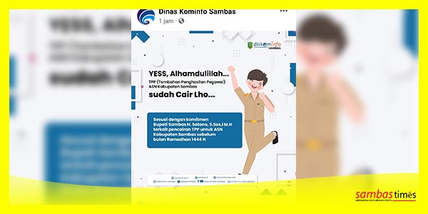 Informasi pencairan TPP ASN Kabupaten Sambas yang disampaikan akun resmi Dinas Kominfo Sambas, Selasa (21/3/2023).