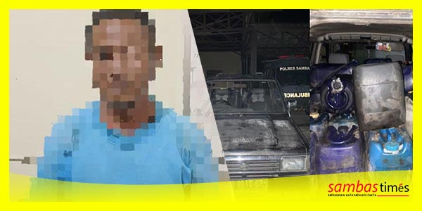 Tersangka dan barang bukti BBM yang berhasil diamankan Polres Sambas di Kecamatan Galing.