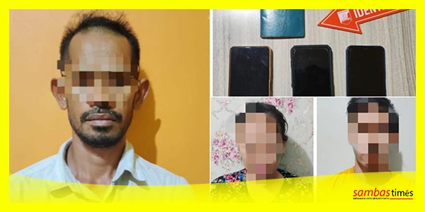 Tersangka dan dua korban dan barang bukti yang diamanatkan Polres Sambas.