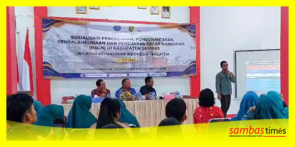 Sosialisasi P4GN yang dilaksanakan Kesbangpolinmas Kabupaten Sambas bersama BNN, Jumat (17/5/2024) di Aula Kantor Camat Sajingan Besar.