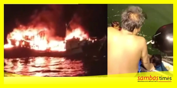 Kapal Nelayan Terbakar di Muara Pemangkat, Insert upaya penyelamatan yang dilakukan kepada 21 ABK Kapal Nelayan Terbakar, Selasa (28/5/2024).