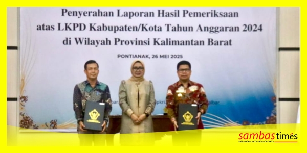 Ketua DPRD Sambas H Abu Bakar bersama Bupati Sambas H Satono dan Kepala BPK Provinsi Kalbar, Dr Sri Haryati pada penyerahan WTP ke-7 untuk Pemerintah Kabupaten Sambas, Senin (26/5/2025).