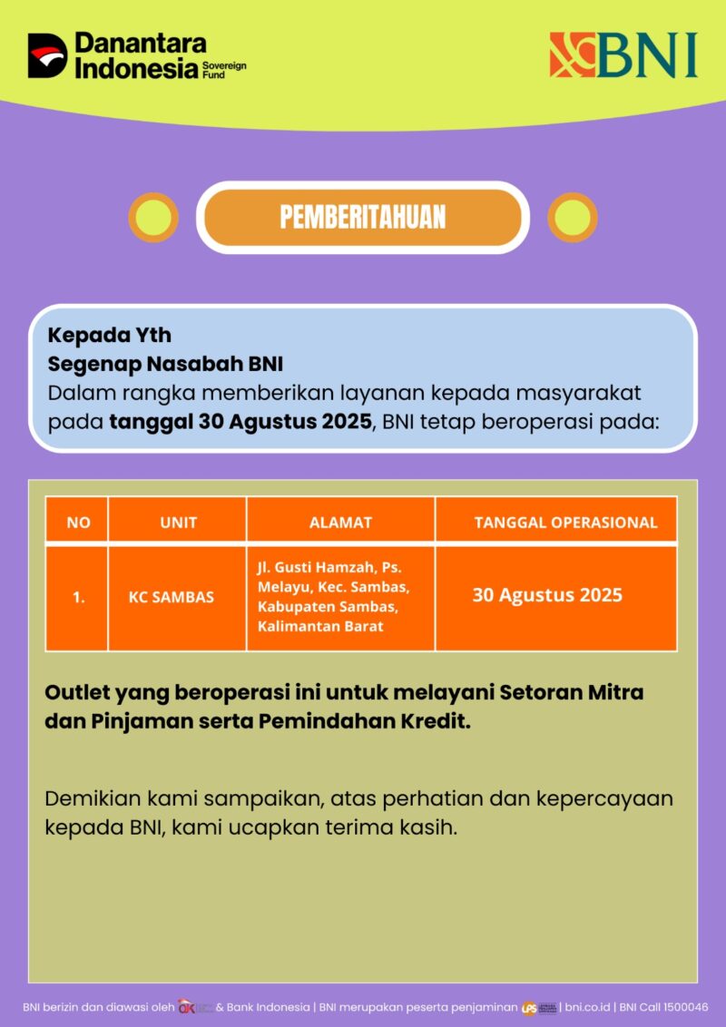 PT.Bank Negara Indonesia (Persero)Tbk Kantor Cabang Sambas memberikan pelayanan kepada masyarakat Kabupaten Sambas pada hari Sabtu, 30 Agustus 2025.