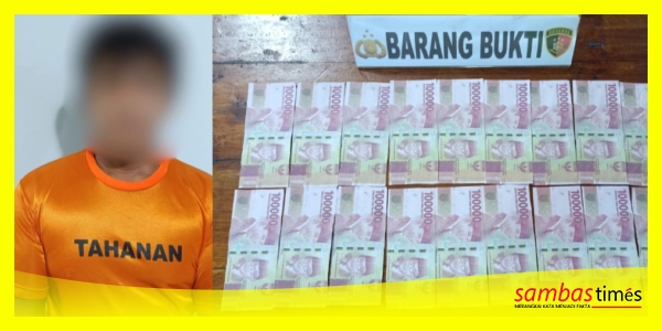 Pelaku dan Barang Bukti Uang Palsu pecahan 100 ribu yang berhasil diamankan Unit Reskrim Polsek Pemangkat, Jumat (29/8/2025).