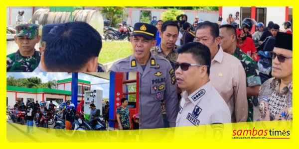 Bupati Sambas H Satono meninjau stok BBM di SPBU Sambas, Insert: pengendara Roda 2 mengantri tertib fi SPBU Sambas, Jumat (13/3/2026).