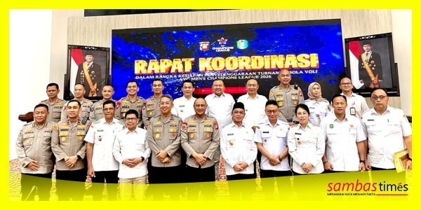 Bupati Sambas H Satono bersama Gubernur Kalbar, Kepala Daerah se Kalbar, Kapolda Kalbar dan jajaran usai pertemuan Turnamen Bola Voli AVC Men’s Champions League 2026, di Balai Petitih, Kantor Gubernur Kalbar, Rabu (15/4/2026). 