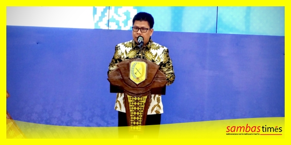 Bupati Sambas H Satono Menyampaikan Sambutan Pada Musrenbang RKPD Kabupaten Sambas tahun 2027 di Aula Utama Kantor Bupati Sambas, Jumat (17/4/2026).
