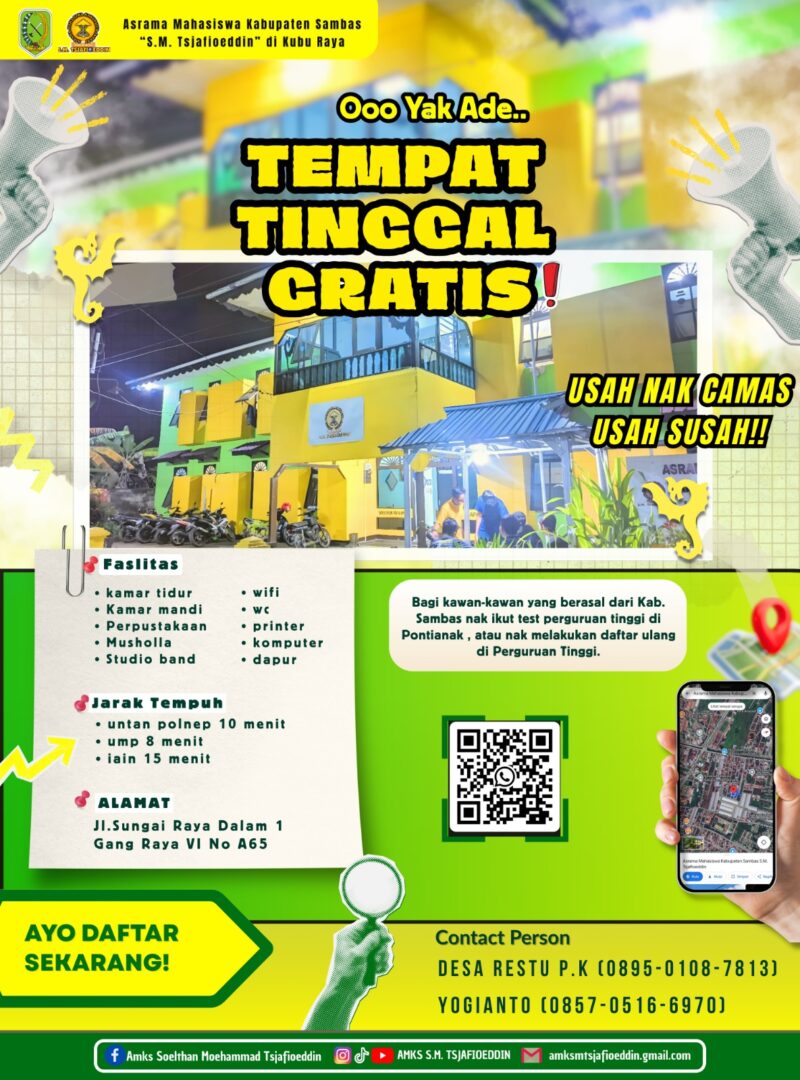 Brosur pengumuman penginapan gratis AMKS SM Tsjafioeddin bagi Calon Mahasiswa Baru asal Kabupaten Sambas di Pontianak
