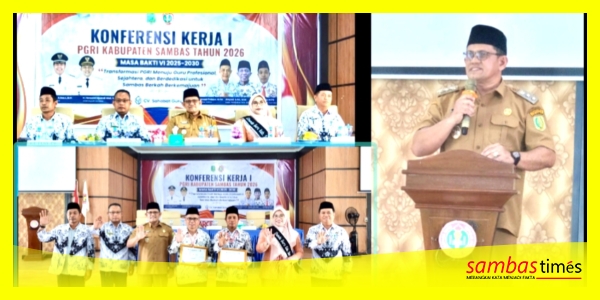 Wakil Bupati Sambas Heroaldi Djuhardi Alwi bersama Bunda Guru Hj Yunisa Satono dan PGRI Kabupaten Sambas pada Konferensi Kerja PGRI di Aula MAN IC Sambas, Selasa (12/5/2026).
