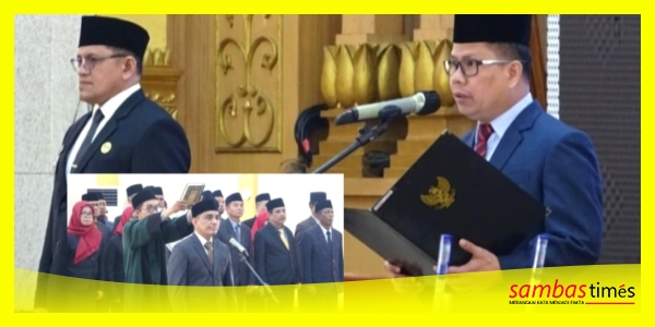 Bupati Sambas H Satono menyampaikan amanat pada pelantikan Sekda Sambas H Rachmad Robbi di Aula Utama Kantor Bupati Sambas, Jumat (28/8/2026).