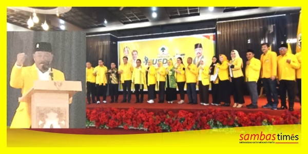 Sehan A Rahman Ketua DPD Partai Golkar Kabupaten Sambas, insetr foto bersama usai Pembukaan Musda XI Partai Golkar Kabupaten Sambas, Minggu (30/8/2026).
