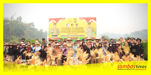 Kapolres Sambas AKBP Sanny Handityo bersama Kelompok Tani Mengabadikan Momen Foto Bersama pada Panen Jagung di Dusun Ceremai, Desa Sungai Baru, Kecamatan Teluk Keramat, Selasa (1/9/2026).