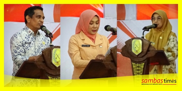 Sekda Sambas Dr H Rachmad Robbi SE ME, Ketua DWP HJ Mularini dan Ketua DWP sebelumnya Hj Wahidah pada acara Serah Terima kepengurusan DWP, di Aula Utama Kantor Bupati Sambas, Jumat (2/10/2026).